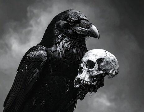 A raven with a skull perched in its claws against a dark, cloudy sky - Powered by Adobe