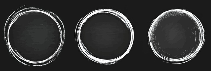 Set of three hand drawn chalkboard style circle frames with rough chalk brush stroke outlines and grunge texture for design decoration