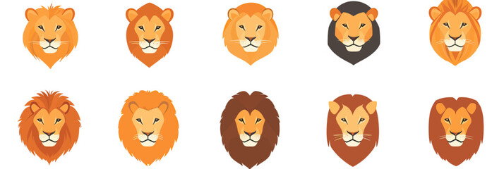 Obraz premium Set of twelve flat minimalist lion face icons with various mane styles and colors isolated on white background vector illustration