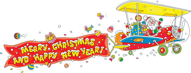 Santa Claus flying in his colorful plane with a Christmas greeting banner and carrying a large magical bag of winter holiday gifts for little kids in the snowy sky, vector cartoon illustration