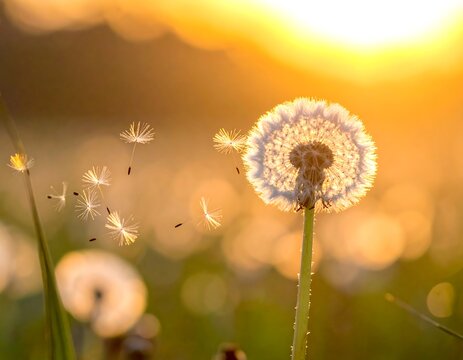 A backlit dandelion head with seeds dispersing at sunset
