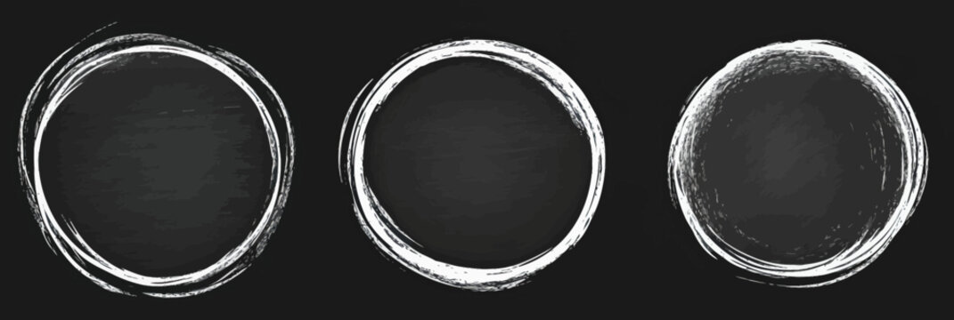 Set of three hand drawn chalkboard style circle frames with rough chalk brush stroke outlines and grunge texture for design decoration