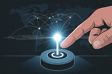 Global network connection technology concept with finger touching power button innovation and data transfer