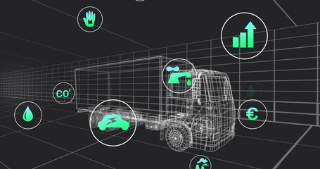 Scene opening icons fading orbiting around wireframe truck showing emission performance metrics - Powered by Adobe