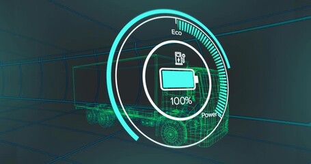 Wireframe truck animating battery filling, gauge discharging on charging start visualizing energy - Powered by Adobe