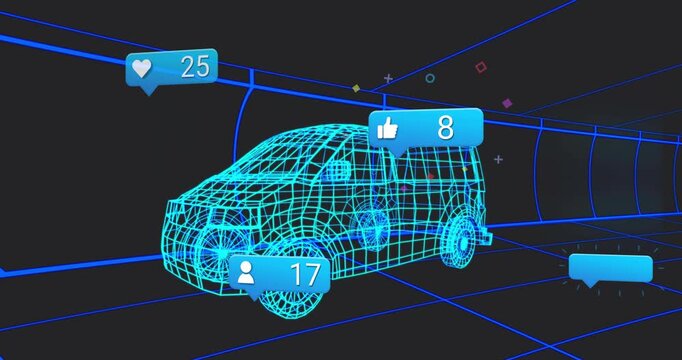 On thumbs-up icon appearing, 3D van occupying dark grid tunnel while visualizing engagement metrics