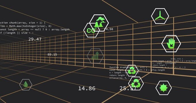 On startup cluster of green hexagon icons floating in orange grid visualizing real-time metrics