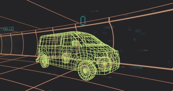 opening neon wireframe van rotating and virtual camera orbiting grid tunnel showcasing prototype