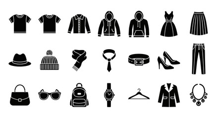 A collection of black silhouette icons representing various clothing items and fashion accessories for men and women.