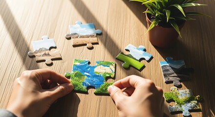 Hands Assembling Colorful Puzzle Pieces on Wooden Surface with Potted Plant
