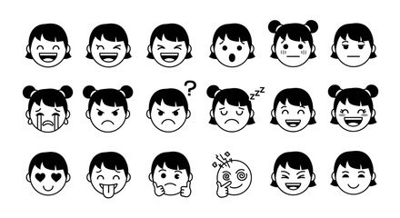 A collection of cute cartoon girl face icons, emoticons, and emojis showing a wide range of facial expressions in a simple black and white line art style.