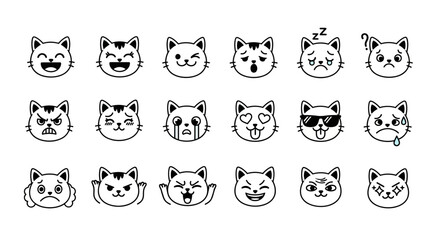 Obraz premium A collection of cute black and white cat head emoticons showing various emotions and expressions.