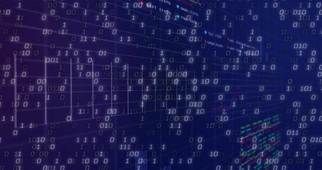 Intensifying bit stream floating over grid, drawing line graph tracking data, updating code panels - Powered by Adobe