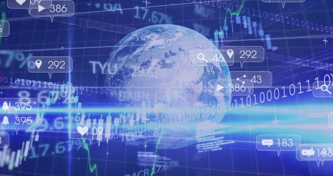 On globe rotating, data streaks sweeping past grid, social icons clustering for global connectivity - Powered by Adobe