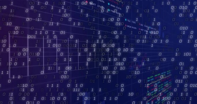 Intensifying bit stream floating over grid, drawing line graph tracking data, updating code panels
