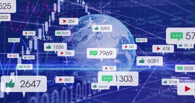 Starting rotation, rotating 3D globe displaying icons, animating charts showing engagement growth