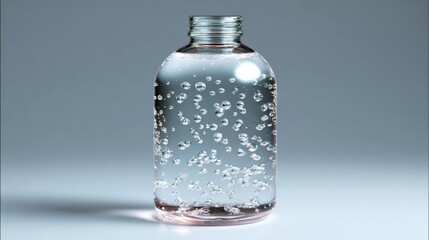 3d rendering of a glass bottle with a round neck and a transparent body. the bottle is filled with water and there are small bubbles floating on the surface of the water.