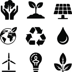 Conservation and Ecology Solid Icons Set  Nature, Tree Care, and Green Life Symbols