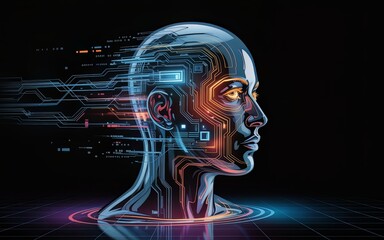 Digital human head with glowing circuits and neon lines, futuristic profile view representing artificial intelligence, cybernetic integration, and advanced technology concept art