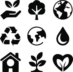 Conservation and Ecology Solid Icons Set  Nature, Tree Care, and Green Life Symbols