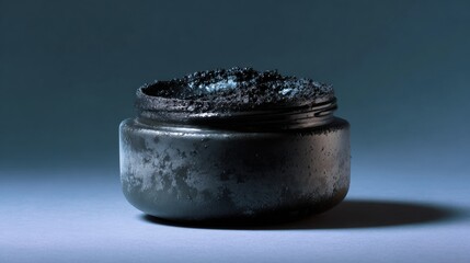 Close-up of a small black jar with a lid. the jar appears to be made of ceramic or a similar material and has a rough, textured surface. the lid is slightly open, revealing the contents inside.