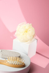 Set of natural bath accessories including brush sponge and pumice stone