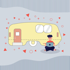 Digital nomad working remotely with a laptop near a camper van.Minimal flat design concept of freelance lifestyle,travel and remote work.