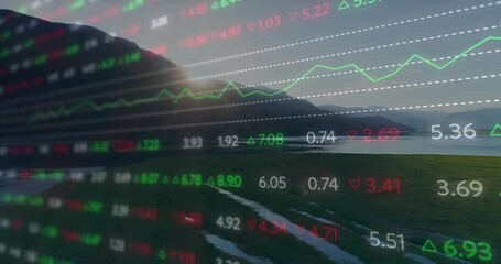 On opening overlay showing shifting data and waving line graph over coast indicating market flux - Powered by Adobe