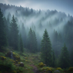 Misty Morning in a Pine Forest