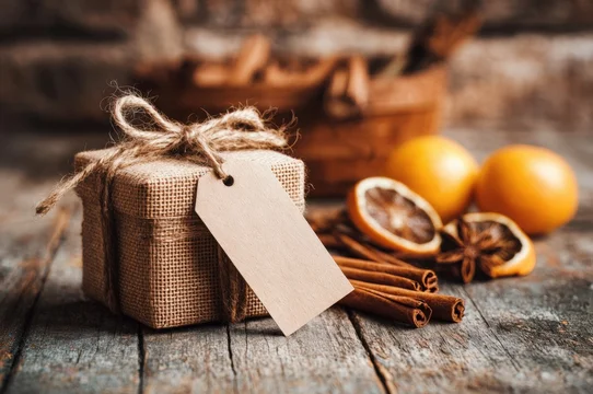Holiday Present Mockup on Wooden Background with Spices