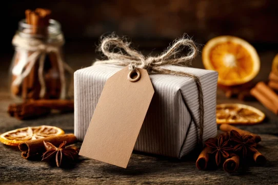Christmas Packaging Mockup with Blank Label and Rustic Decor