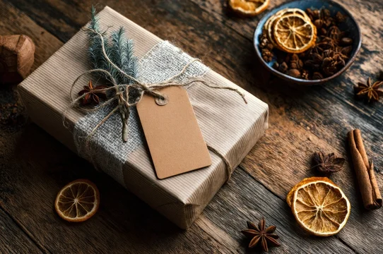 Rustic Christmas Gift Box Mockup with Blank Tag