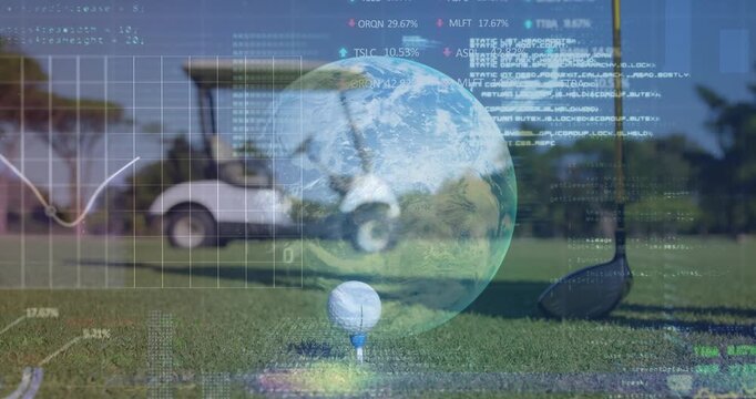 Hand placing ball atop tee causing globe overlays updating before driver swinging visualizing data - Powered by Adobe