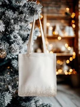 Festive Tote Bag Mockup Hanging by Christmas Tree