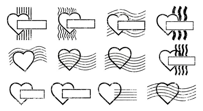 Collection of stylized heart shapes with postage stamp elements, perfect for romantic themes and heartfelt designs