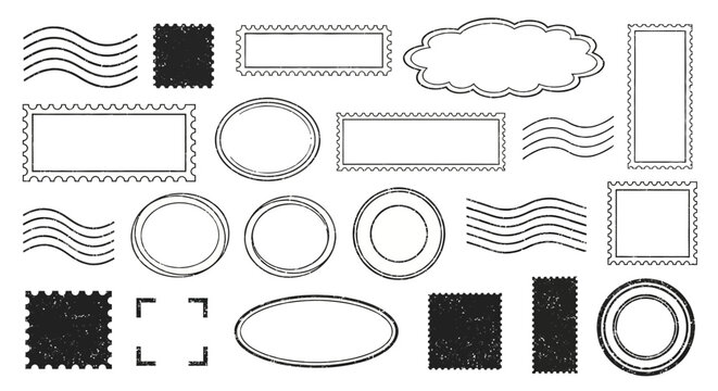 Collection of diverse postage stamps and ornate frames in various shapes and sizes, perfect for crafting and postal design