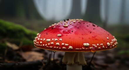 Obraz premium Close-up of red amanita mushroom with drops in misty forest