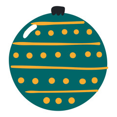 Christmas ornament, tree decoration, bauble, ball isolated on transparent. Hand drawn flat vector illustration. Traditional holiday, Xmas, New Year, seasonal design element, clip art