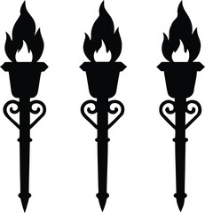 flames, Three, ornate, black, wrought, iron, torch, sconces, flickering, orange, against, white, background