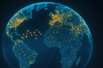 Naklejka premium A glowing blue wireframe globe displaying the world's continents and cities.