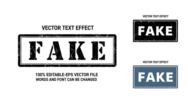 Vector text effect featuring the word FAKE in a distressed stamp style, editable and scalable for various design applications