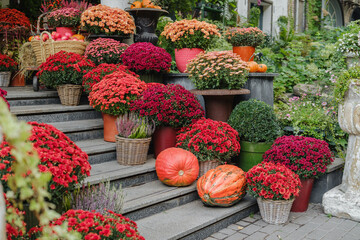 Autumn mums and pumpkins decorate outdoor steps with vibrant fall foliage.