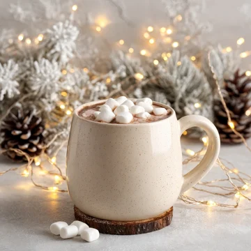 Cozy Winter Mug Mockup with Fairy Lights and Warm Atmosphere