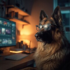 A German Shepherd wearing smart glasses, seated beside a glowing modem and large screen monitor displaying 