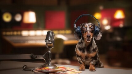 A dapple dachshund (harlequin pattern) wearing stylish headphones, sitting at a podcast desk