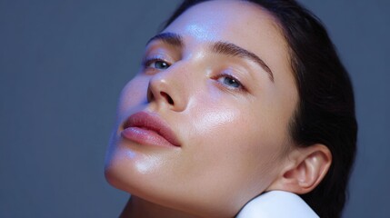 Close-up portrait of a young woman's face. she is looking up towards the sky with a peaceful expression on her face.