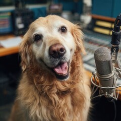 a gloden retriever talking in a podcast studio