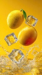 Ultra-realistic commercial advertising photo of a ripe mango and a yellow passion fruit suspended mid-air above crystal-clear ice cubes