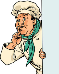 Pop Art Retro The chef signals for quiet. New food delivery menu. The secret ingredient in the restaurant's food.