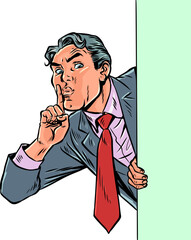 Pop Art Retro A businessman gives a sign to keep quiet. A secret for business and work. Concealing personal data and confidentiality.